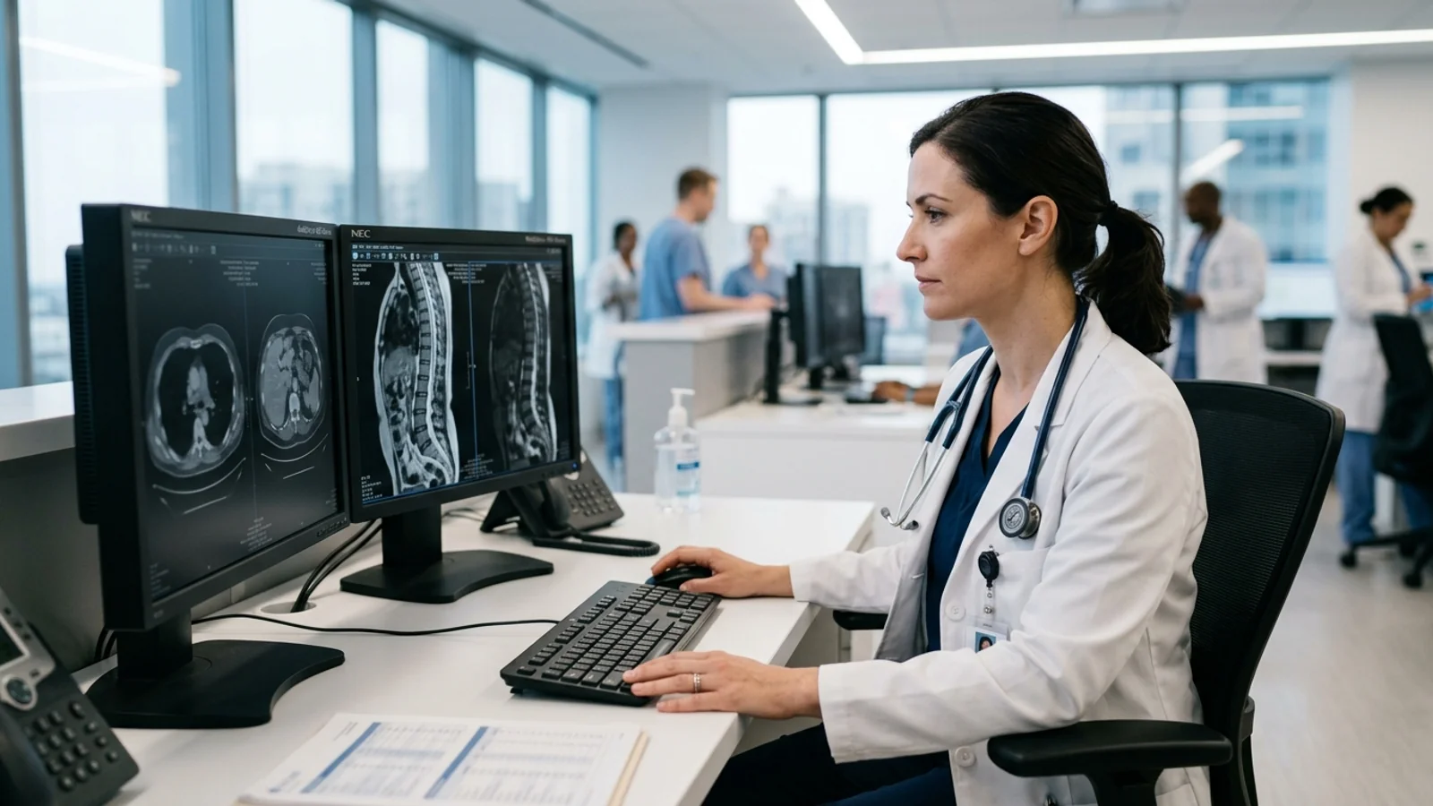 Healthcare physician in a white coat reviewing diagnostic imaging and clinical data on a dual-monitor workstation in a hospital clinical center