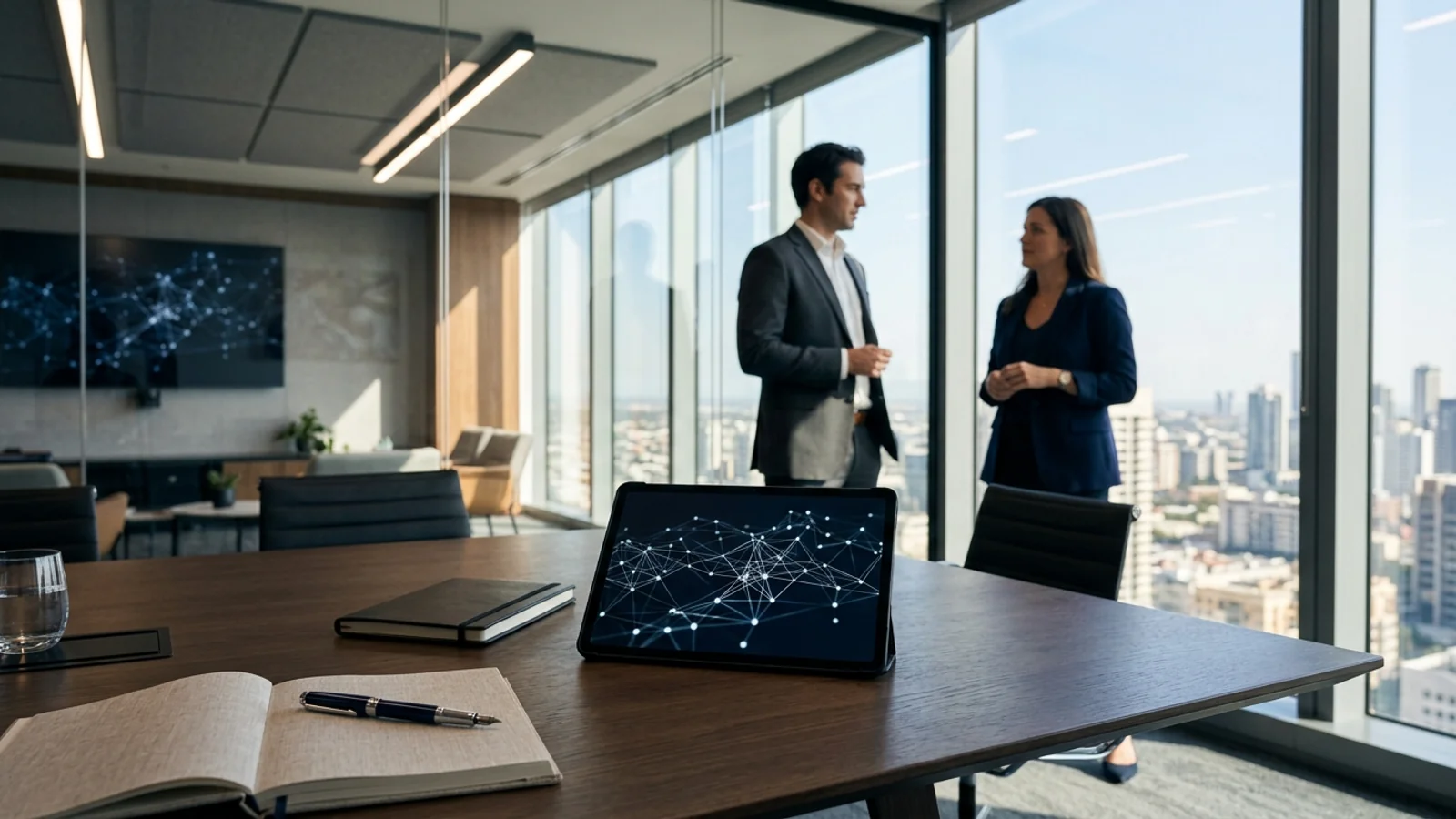 Modern enterprise executive boardroom table with a tablet displaying a network data graph, with technology strategists conversing before city skyline windows